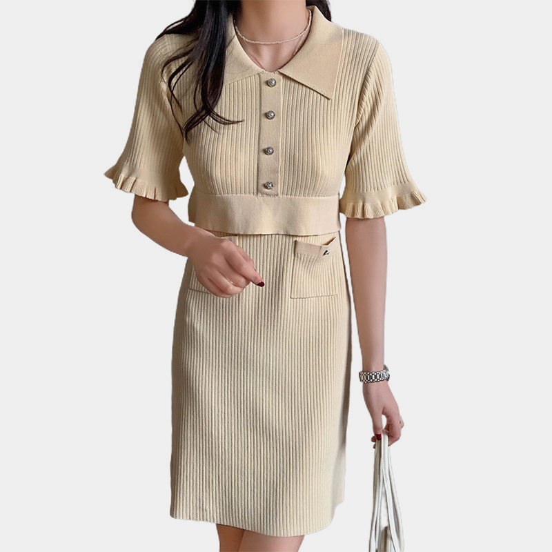 SM-K0027 Teocht Collar Léine Cumhráin Bheaga sleeves Eitilte Gúna Cniotáilte Díreach