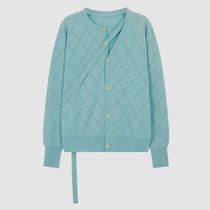ML2212 Diamond Hollow Neckline Ribbon Design Knit Cardigan geansaí