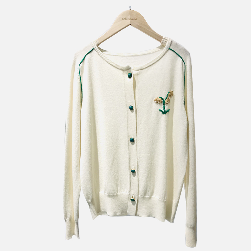 SNS076 Patrún Bláth Bán Beag Buí Stíl Cniotála Muineál Crew Cardigan